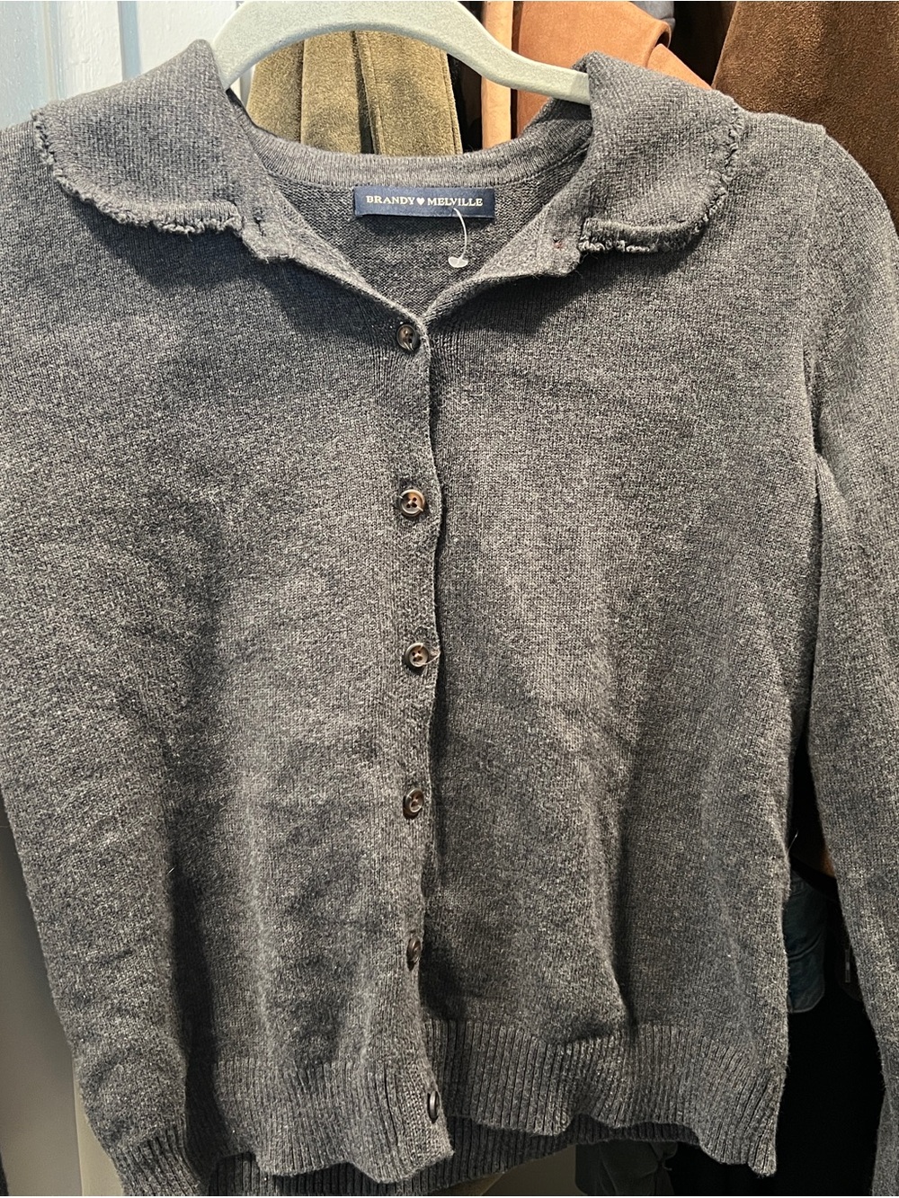 Brandy Melville Charcoal Gray Button-Up Cardigan with Frayed Collar